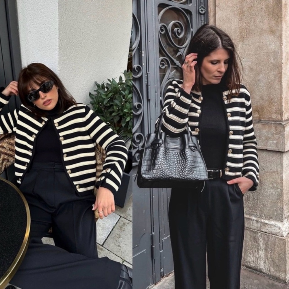 Massimo Dutti NWT Black and Cream Striped Knit Cardigan with Gold Buttons | Sz S